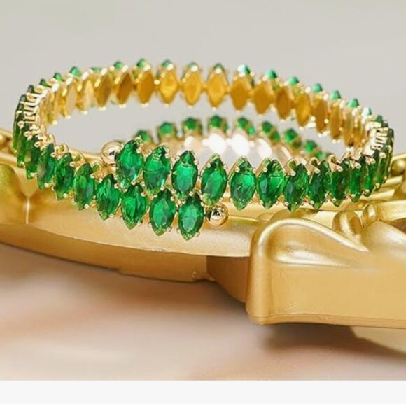Green Rhinestone Cuff Bracelet – Sparkling Cubic Zirconia Bangle - Picture 1 of 7